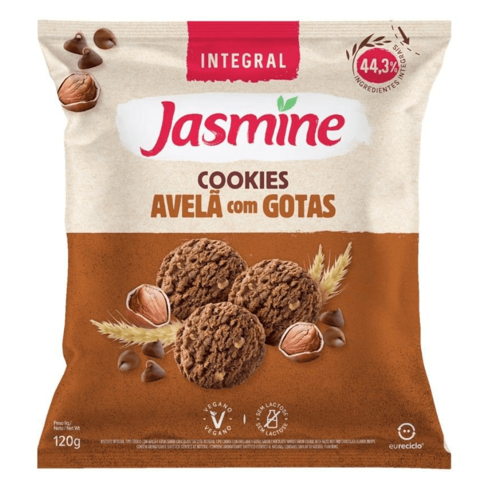 Biscoito Cookie Vegano Integral Avelã Com Gotas De Chocolate Jasmine 120g